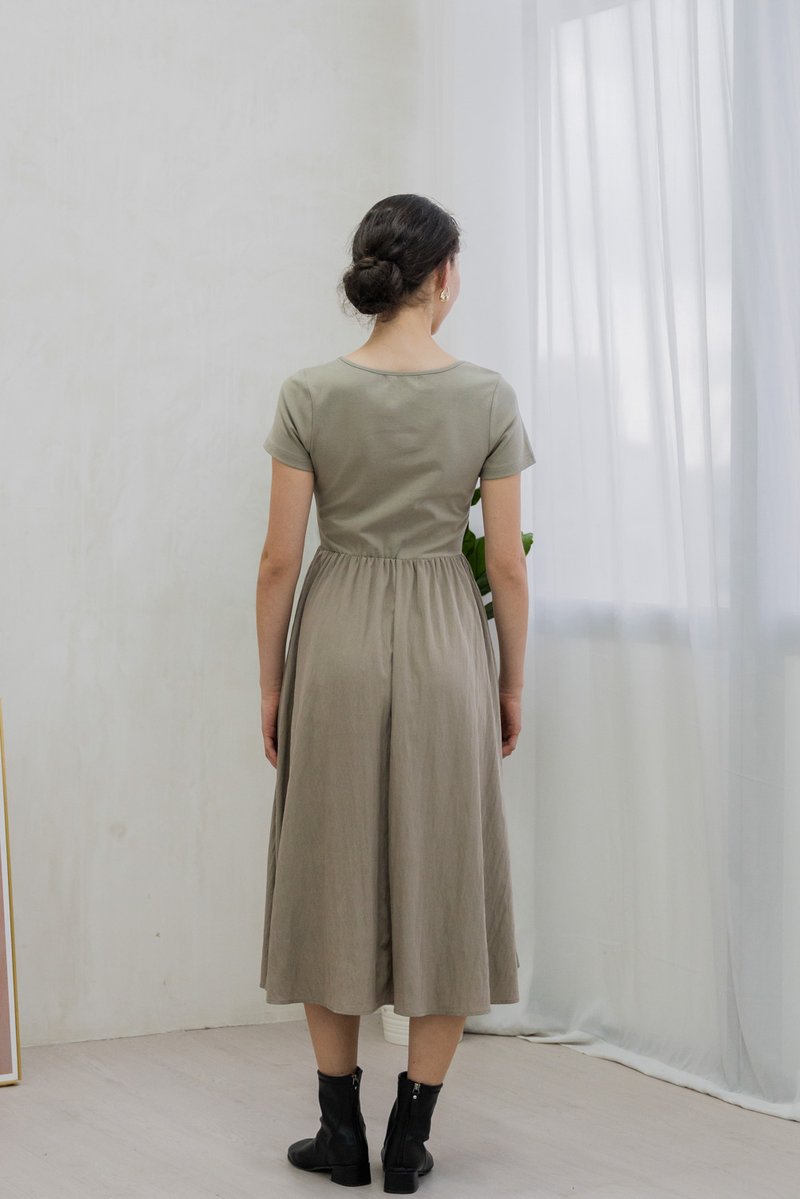 Merliah Mixed Fabric Button Midi Dress In Dusty Olive (XS)