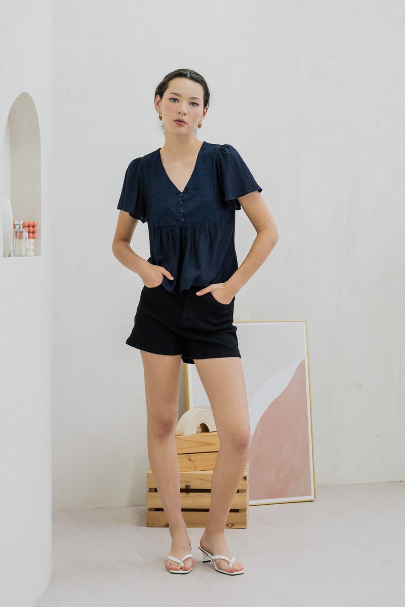 Emi Textured Eyelet Top In Navy (XS)
