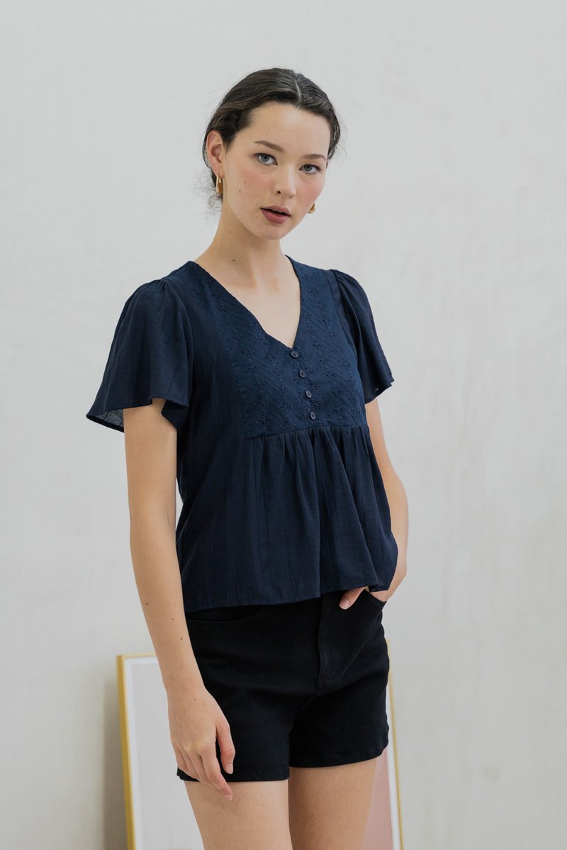 Emi Textured Eyelet Top In Navy (XS)