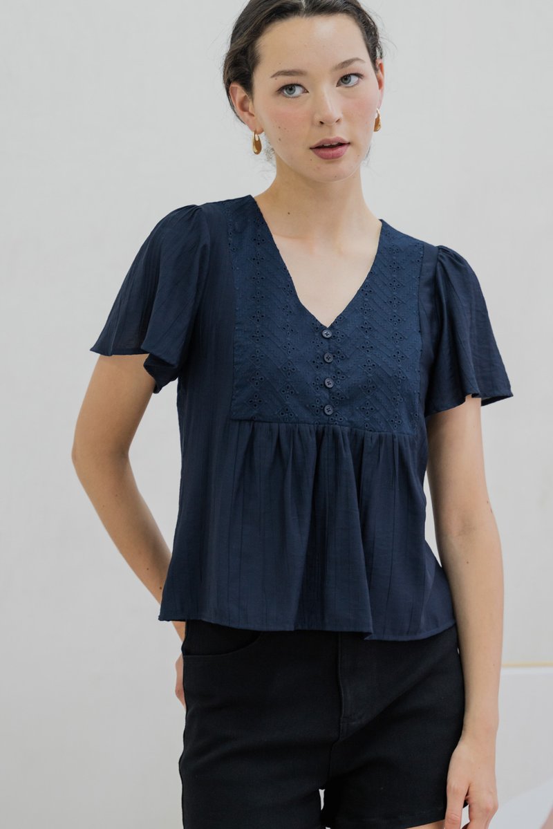 Emi Textured Eyelet Top In Navy (XS)