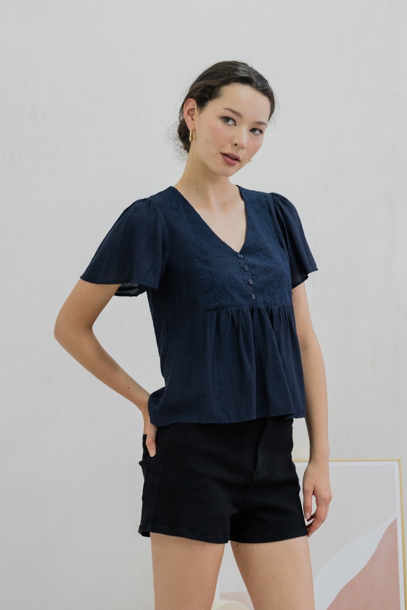 Emi Textured Eyelet Top In Navy (XS)