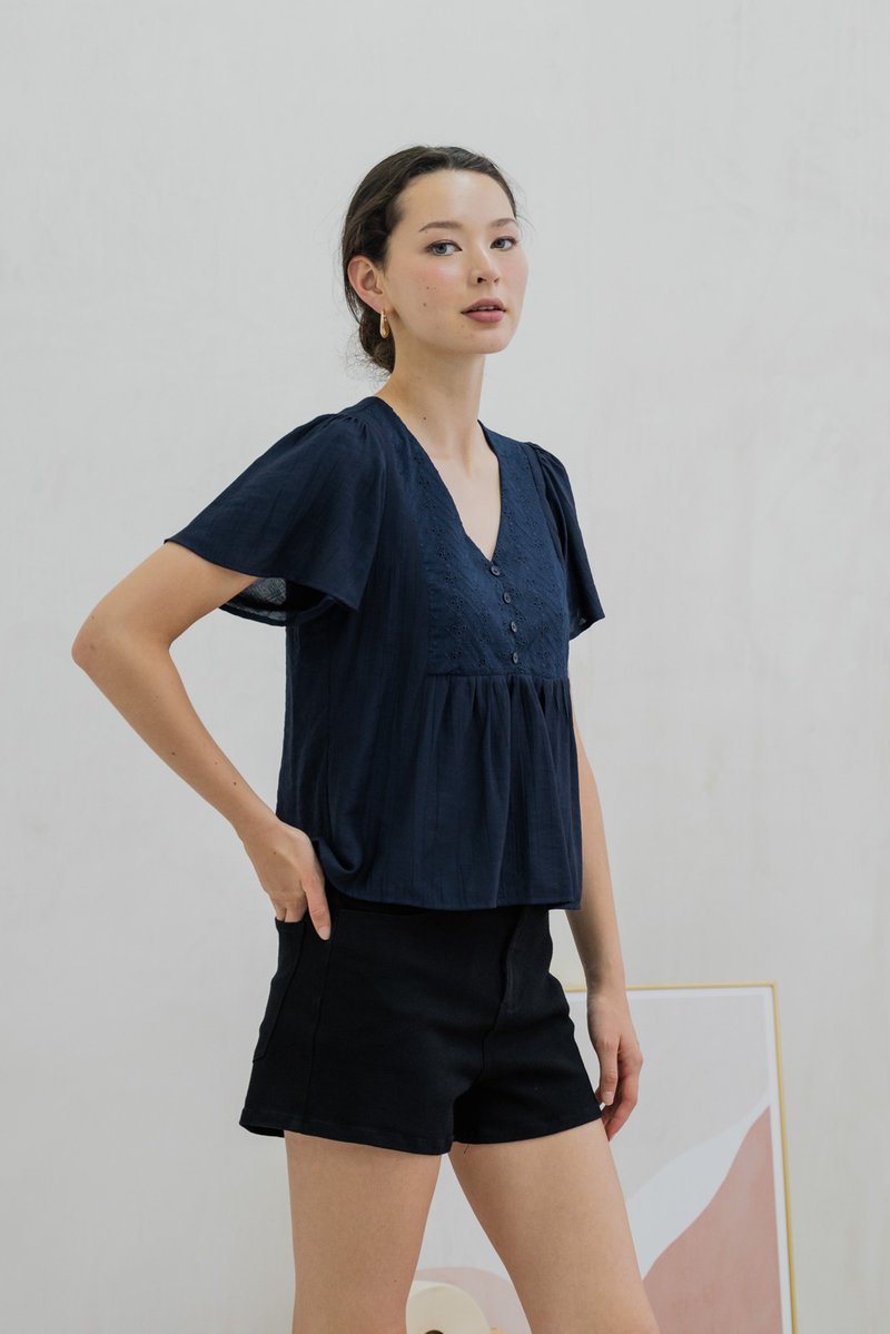 Emi Textured Eyelet Top In Navy (XS)