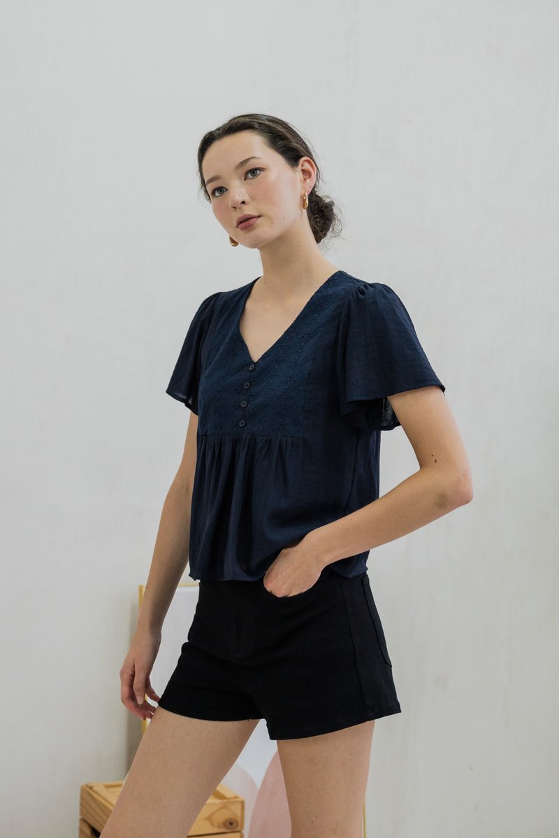 Emi Textured Eyelet Top In Navy (XS)