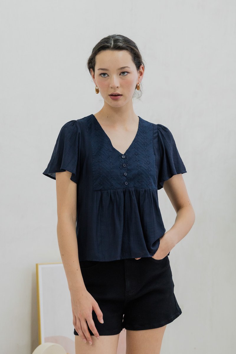 Emi Textured Eyelet Top In Navy (XS)