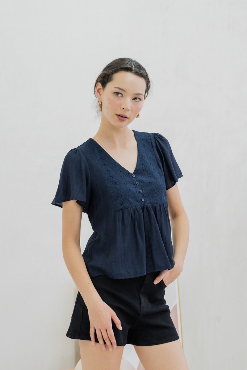 Emi Textured Eyelet Top In Navy (XS)