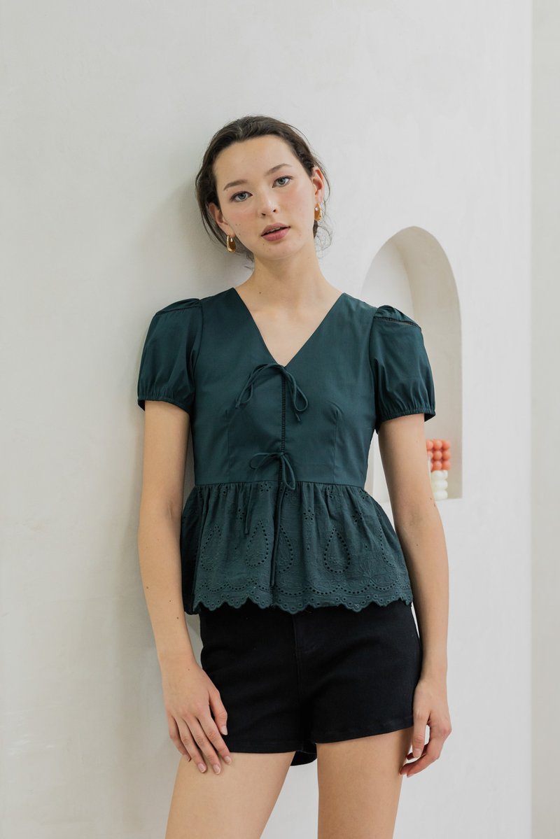 Tilly Tie Ribbon Eyelet Top In Emerald (XS)