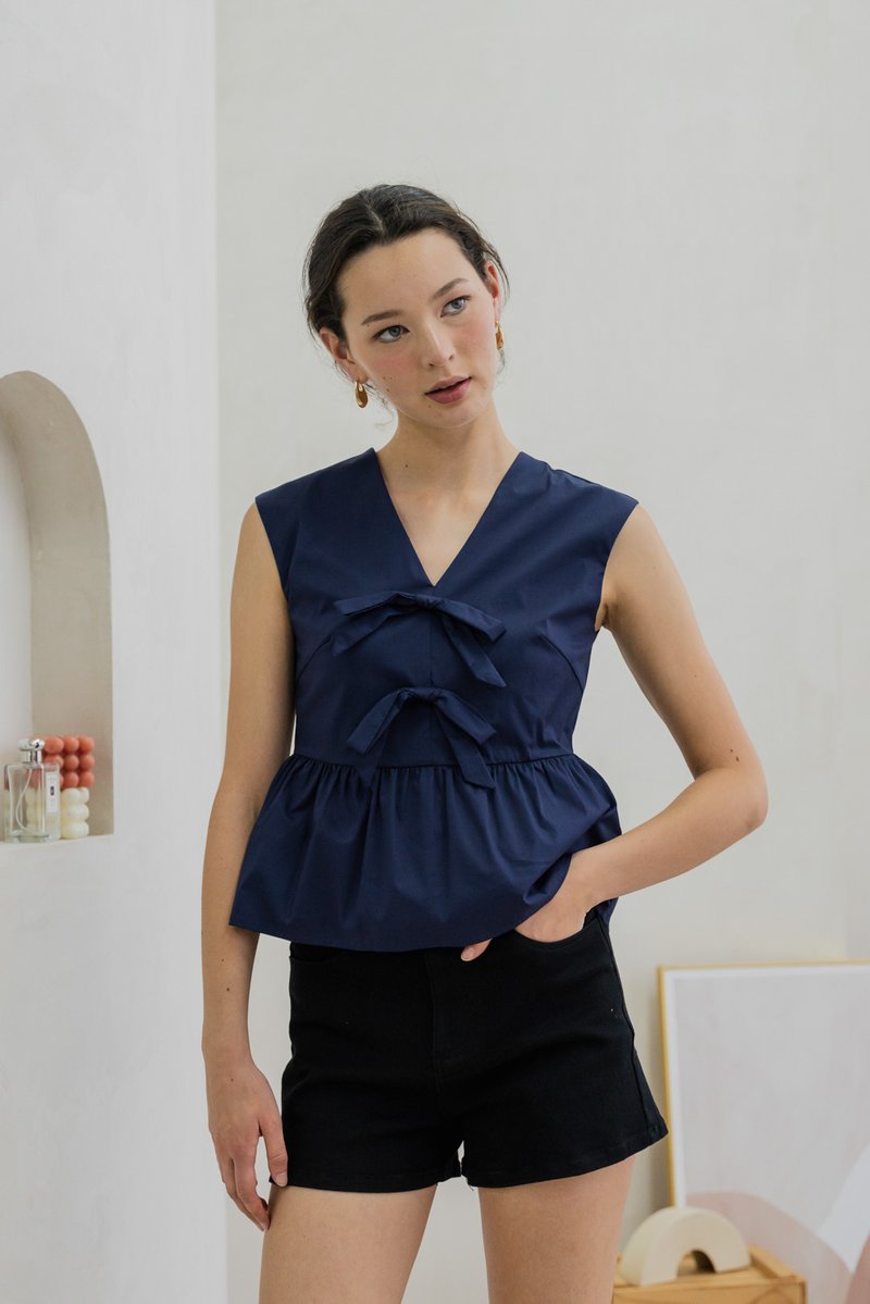 Posie V Neck Ribbon Peplum Top In Navy