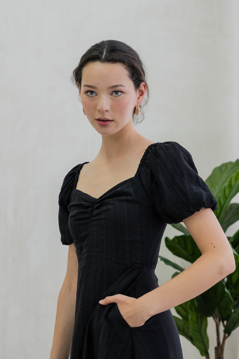 Primrose Textured Puff Sleeve Dress In Black