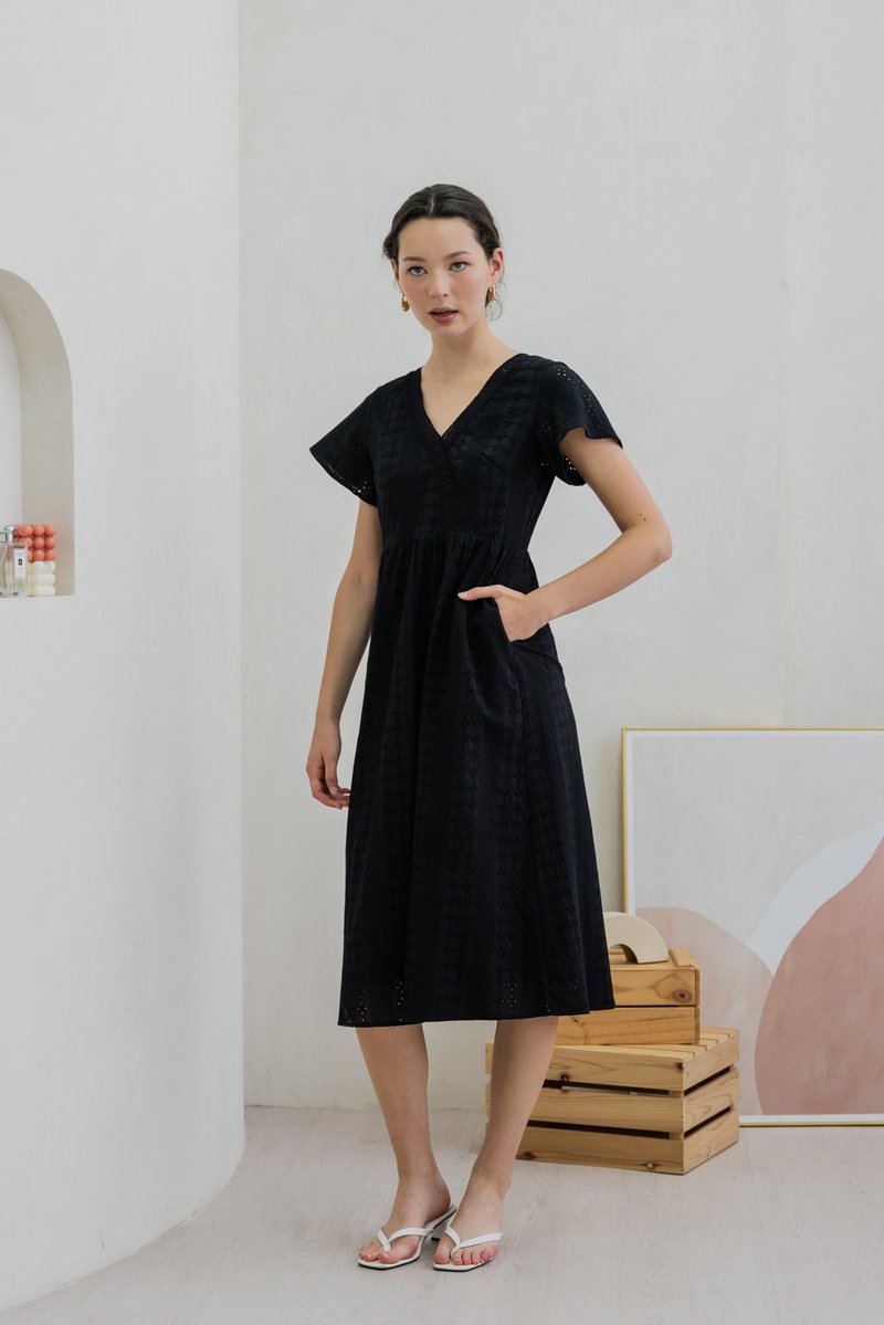 Caprise Crochet Eyelet Midi Dress In Black (XS)