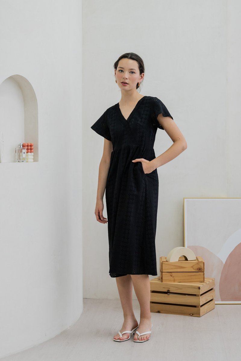 Caprise Crochet Eyelet Midi Dress In Black (XS)