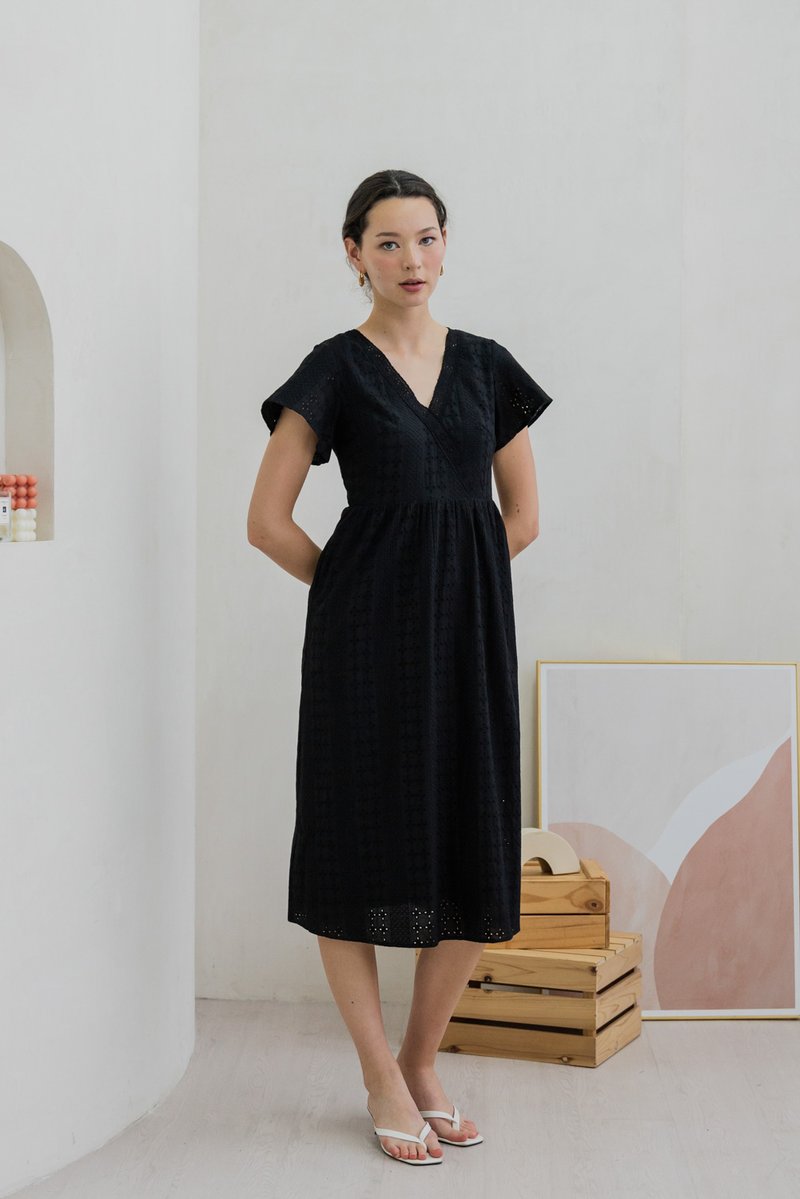 Caprise Crochet Eyelet Midi Dress In Black (XS)