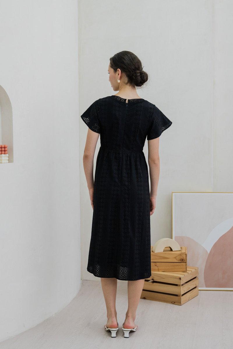 Caprise Crochet Eyelet Midi Dress In Black (XS)