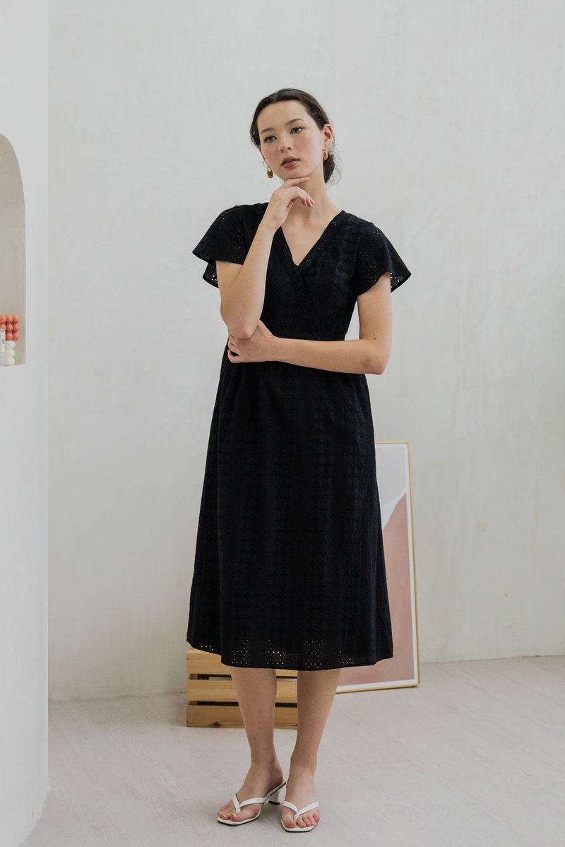 Caprise Crochet Eyelet Midi Dress In Black (XS)