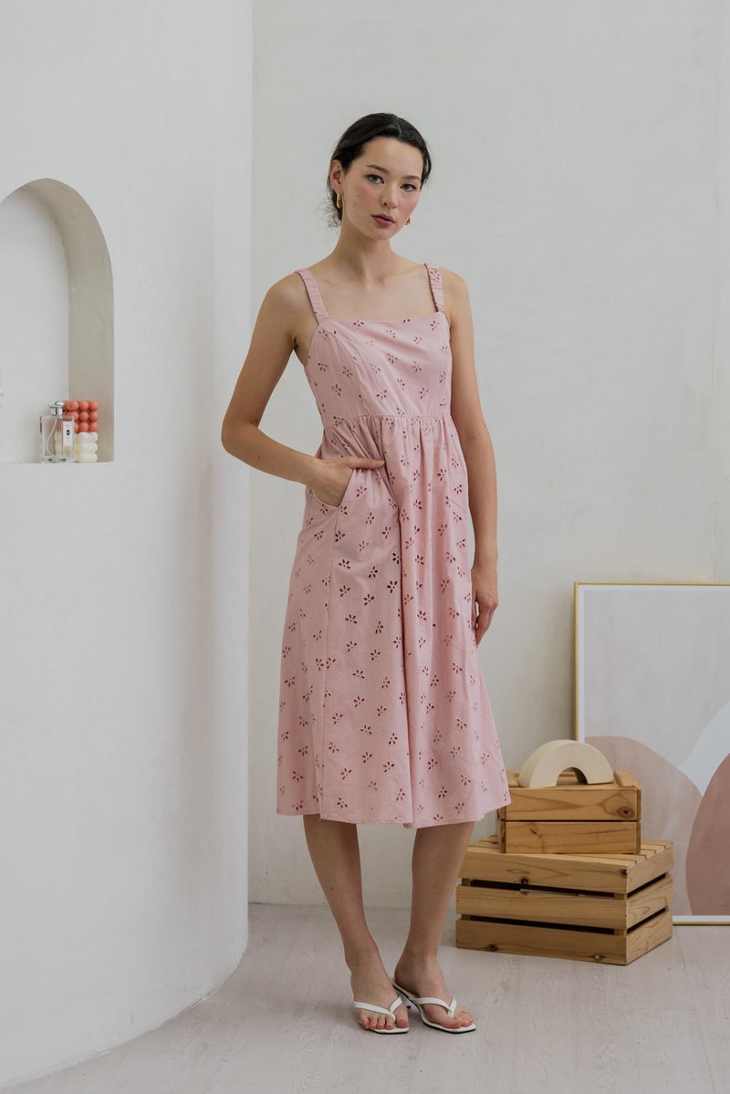 Elle Eyelet Midi Dress In Pink