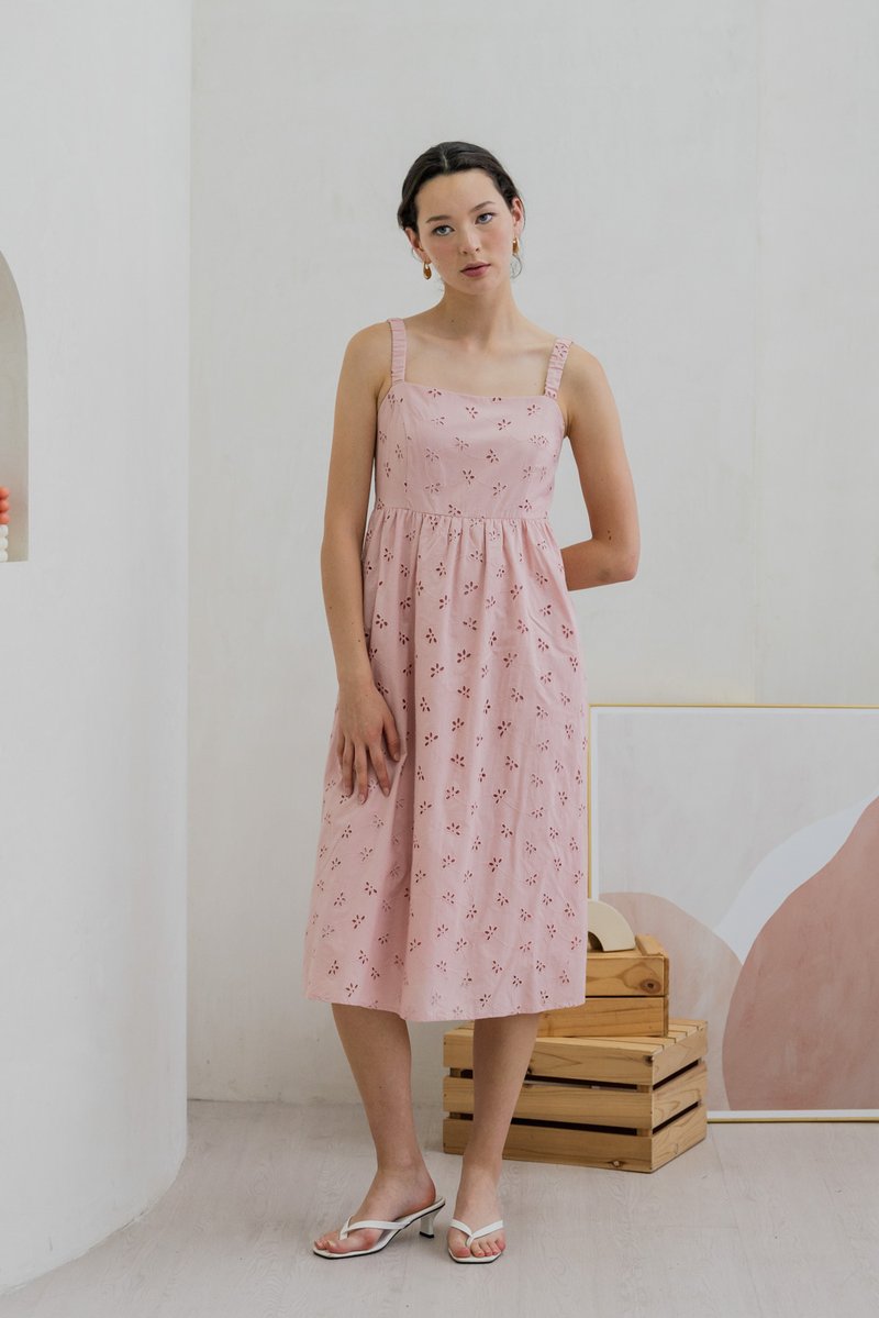 Elle Eyelet Midi Dress In Pink