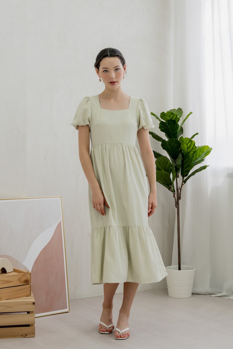 Theresa Texture Puffed Sleeve Maxi Dress In Sage (XS)