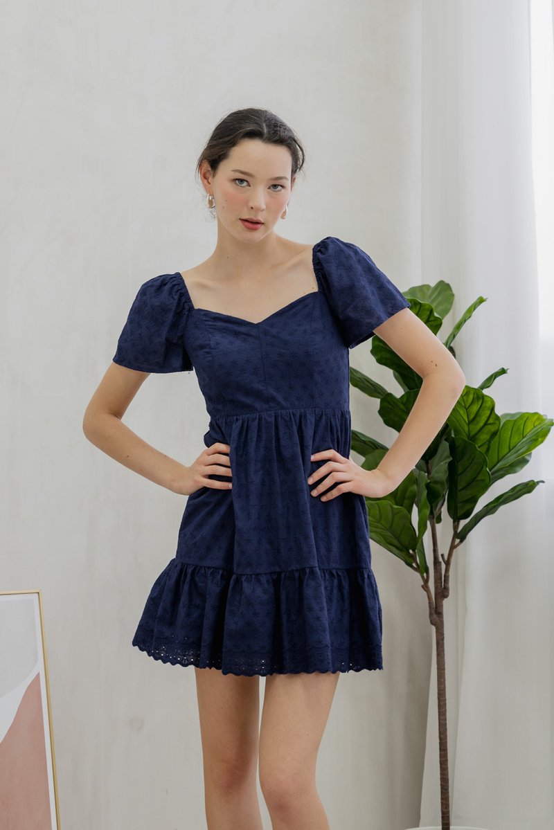 Ellis Eyelet Embroidery Flare Sleeve Dress In Navy