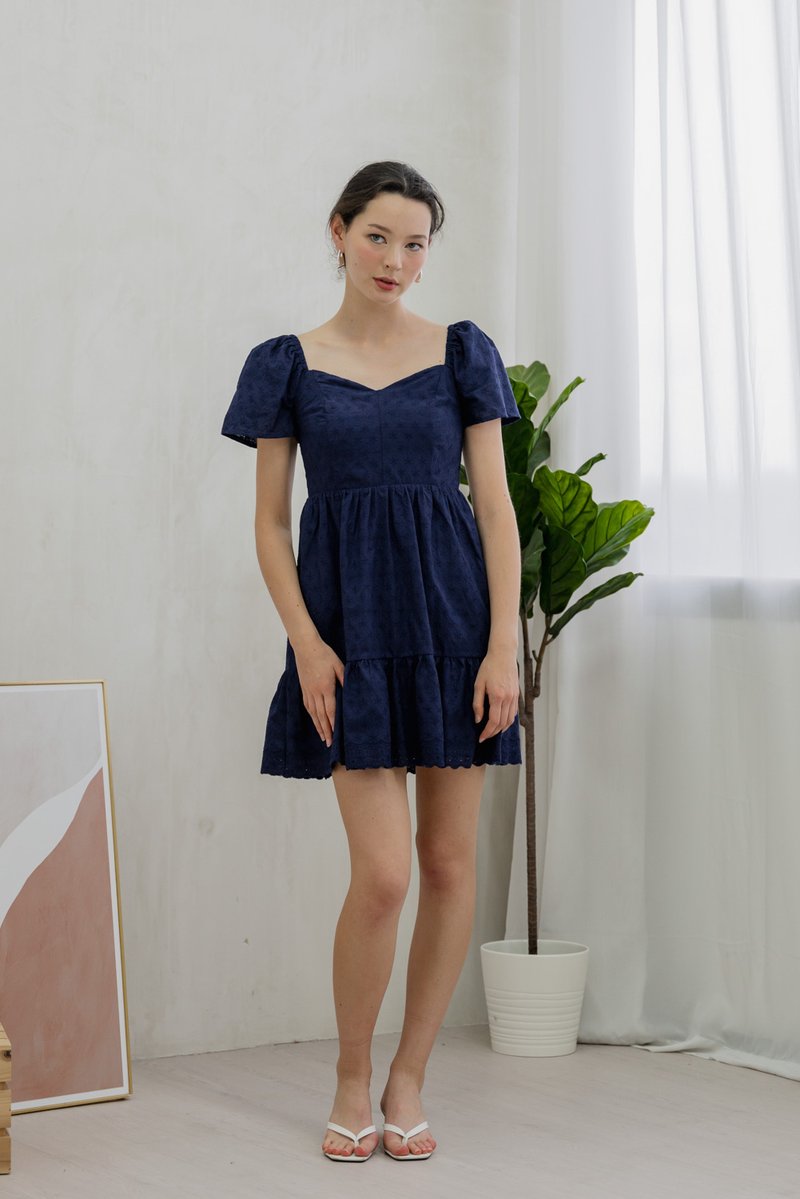 Ellis Eyelet Embroidery Flare Sleeve Dress In Navy