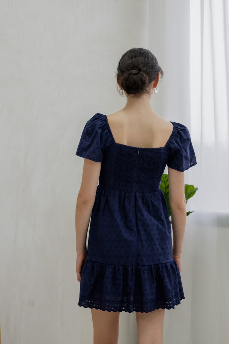 Ellis Eyelet Embroidery Flare Sleeve Dress In Navy