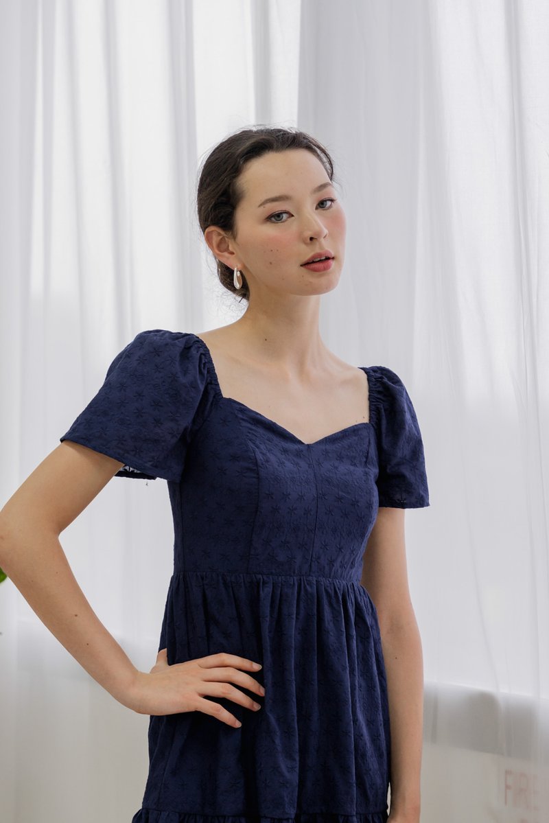 Ellis Eyelet Embroidery Flare Sleeve Dress In Navy