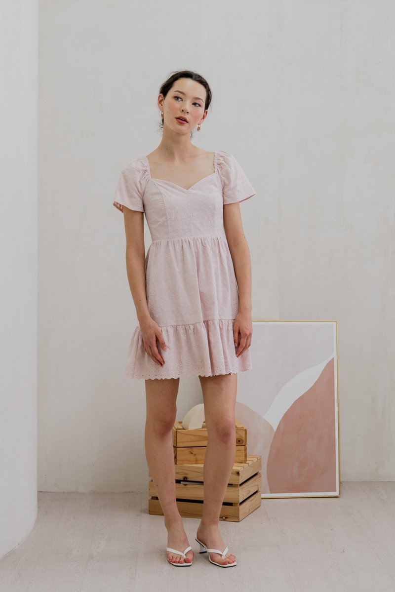 Ellis Eyelet Embroidery Flare Sleeve Dress In Pink (XS)