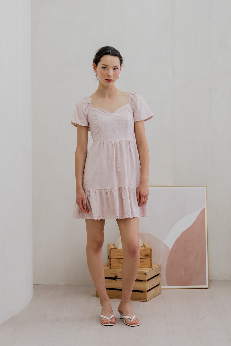 Ellis Eyelet Embroidery Flare Sleeve Dress In Pink (XS)