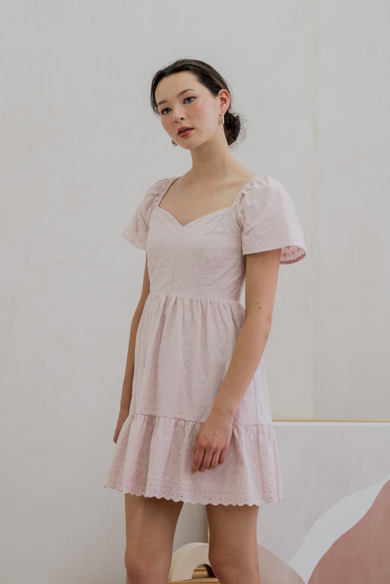 Ellis Eyelet Embroidery Flare Sleeve Dress In Pink (XS)