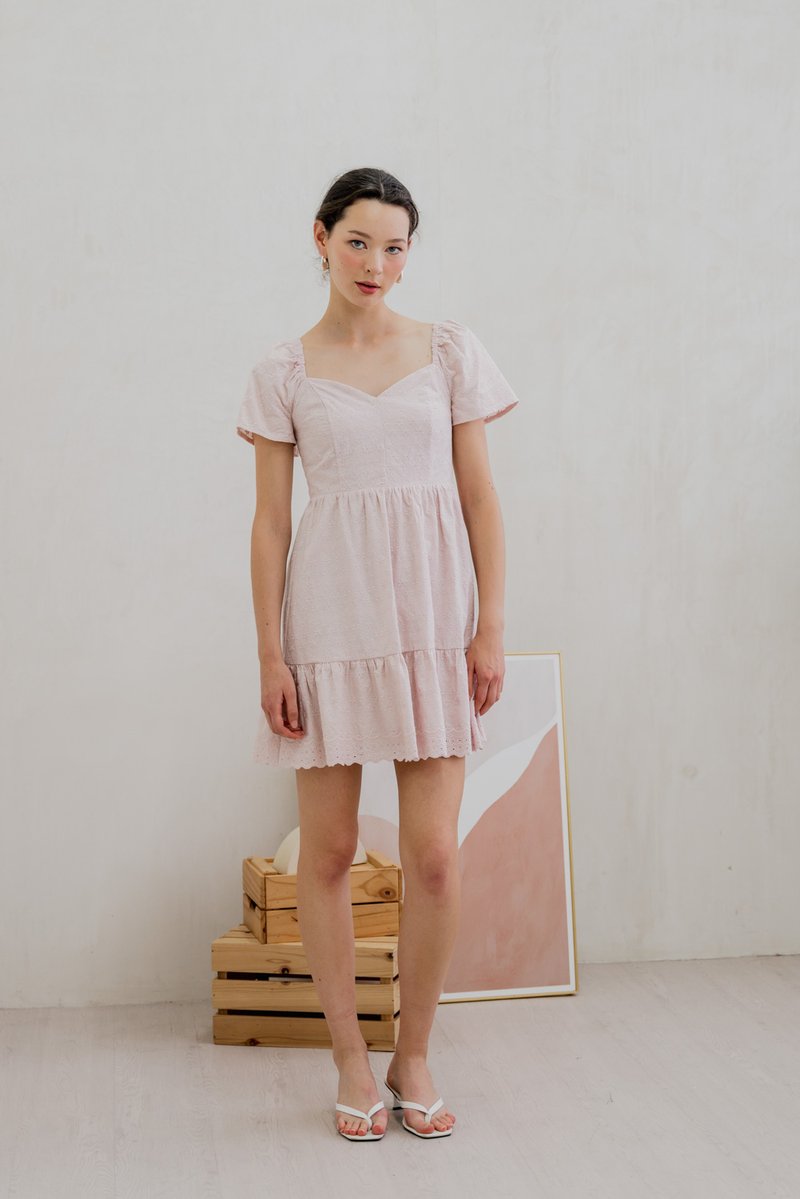 Ellis Eyelet Embroidery Flare Sleeve Dress In Pink (XS)
