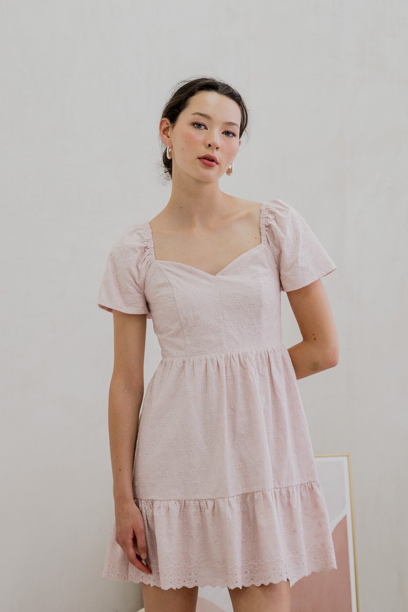 Ellis Eyelet Embroidery Flare Sleeve Dress In Pink (XS)