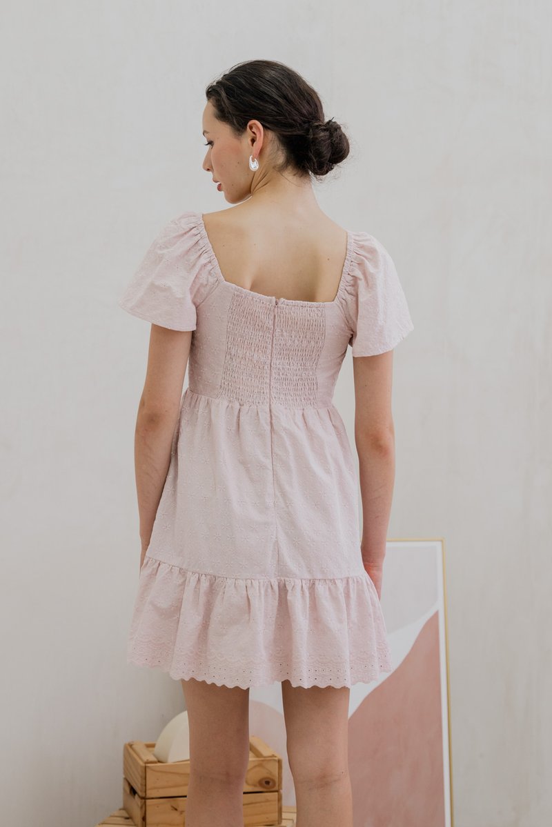 Ellis Eyelet Embroidery Flare Sleeve Dress In Pink (XS)