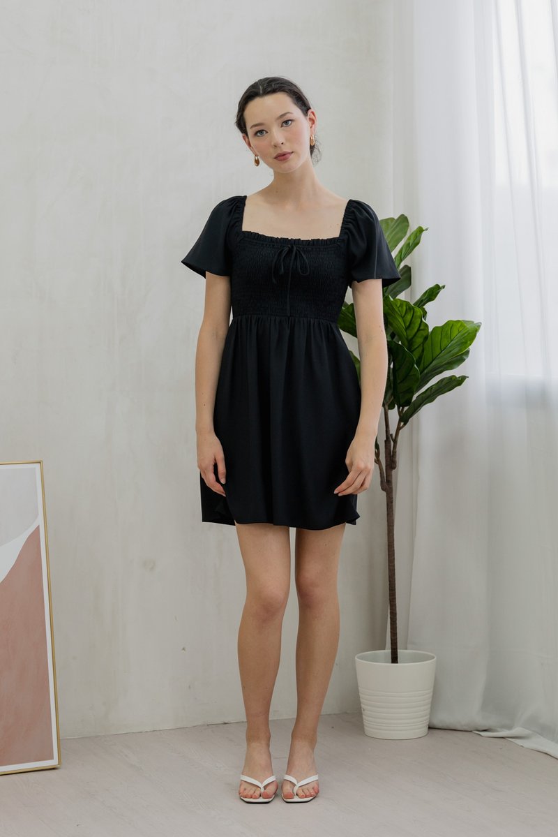 Rowana Ribbon Smocked Dress In Black (XS)
