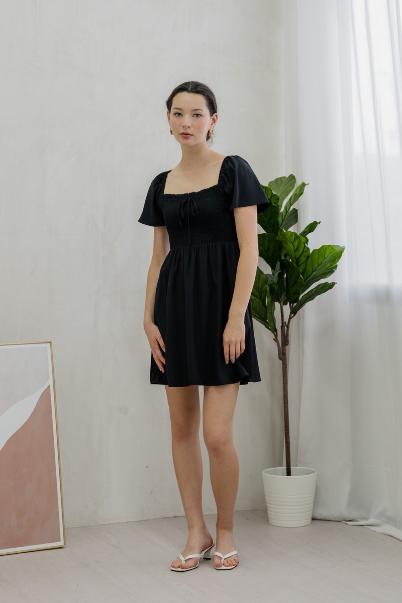Rowana Ribbon Smocked Dress In Black (XS)