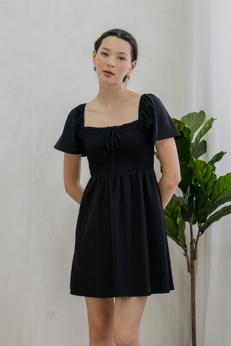 Rowana Ribbon Smocked Dress In Black (XS)