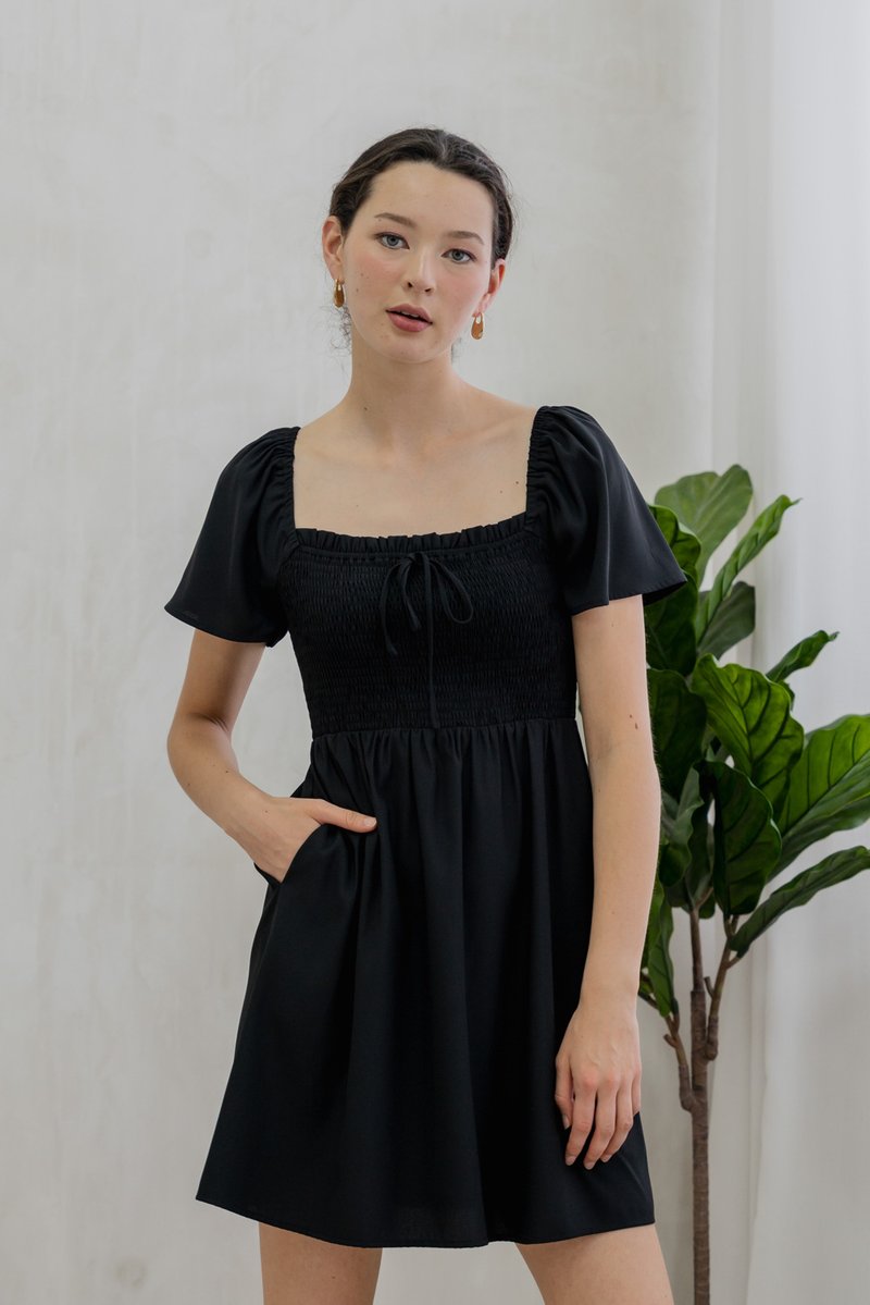 Rowana Ribbon Smocked Dress In Black (XS)