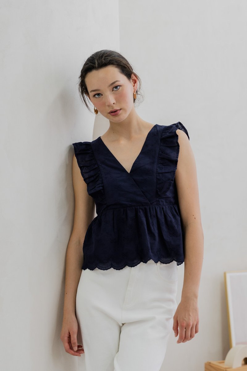 Avril Ribbon Embroidered Ruffle Top In Navy (XS)