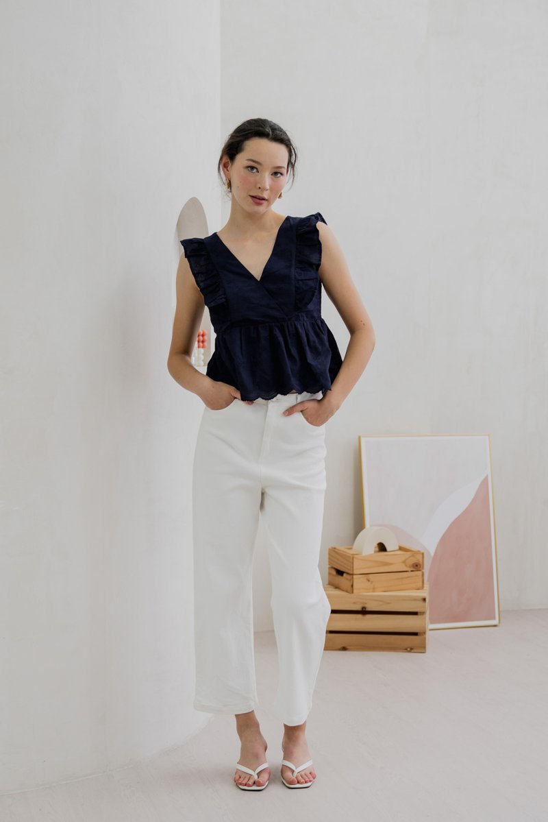 Avril Ribbon Embroidered Ruffle Top In Navy (XS)