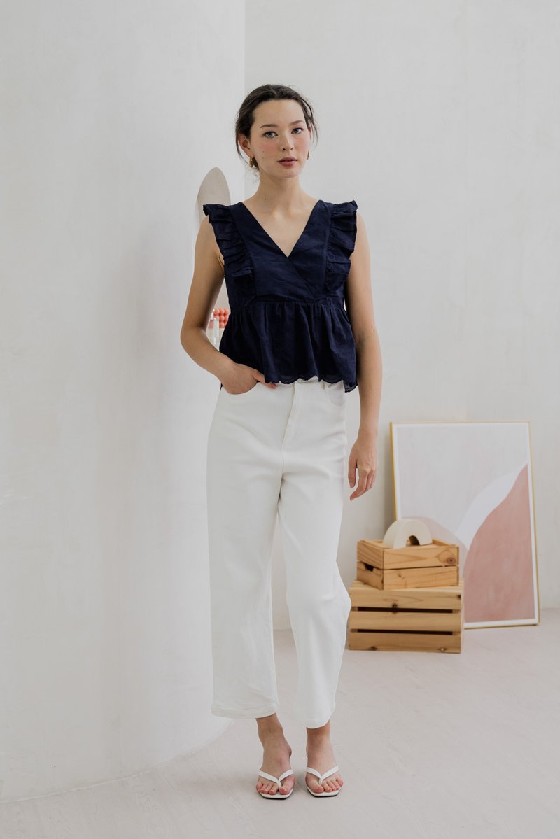 Avril Ribbon Embroidered Ruffle Top In Navy (XS)