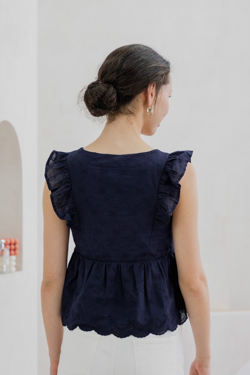 Avril Ribbon Embroidered Ruffle Top In Navy (XS)