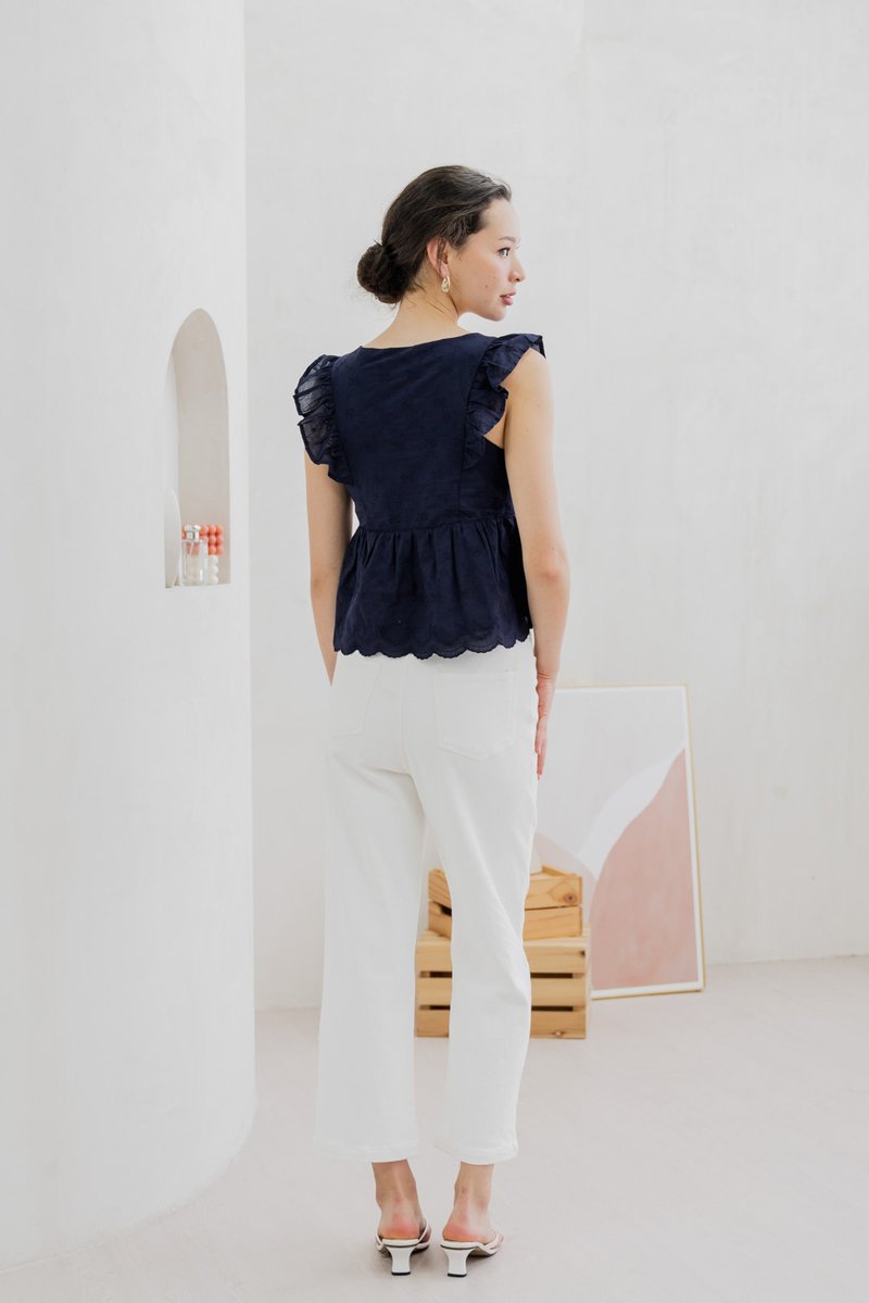 Avril Ribbon Embroidered Ruffle Top In Navy (XS)