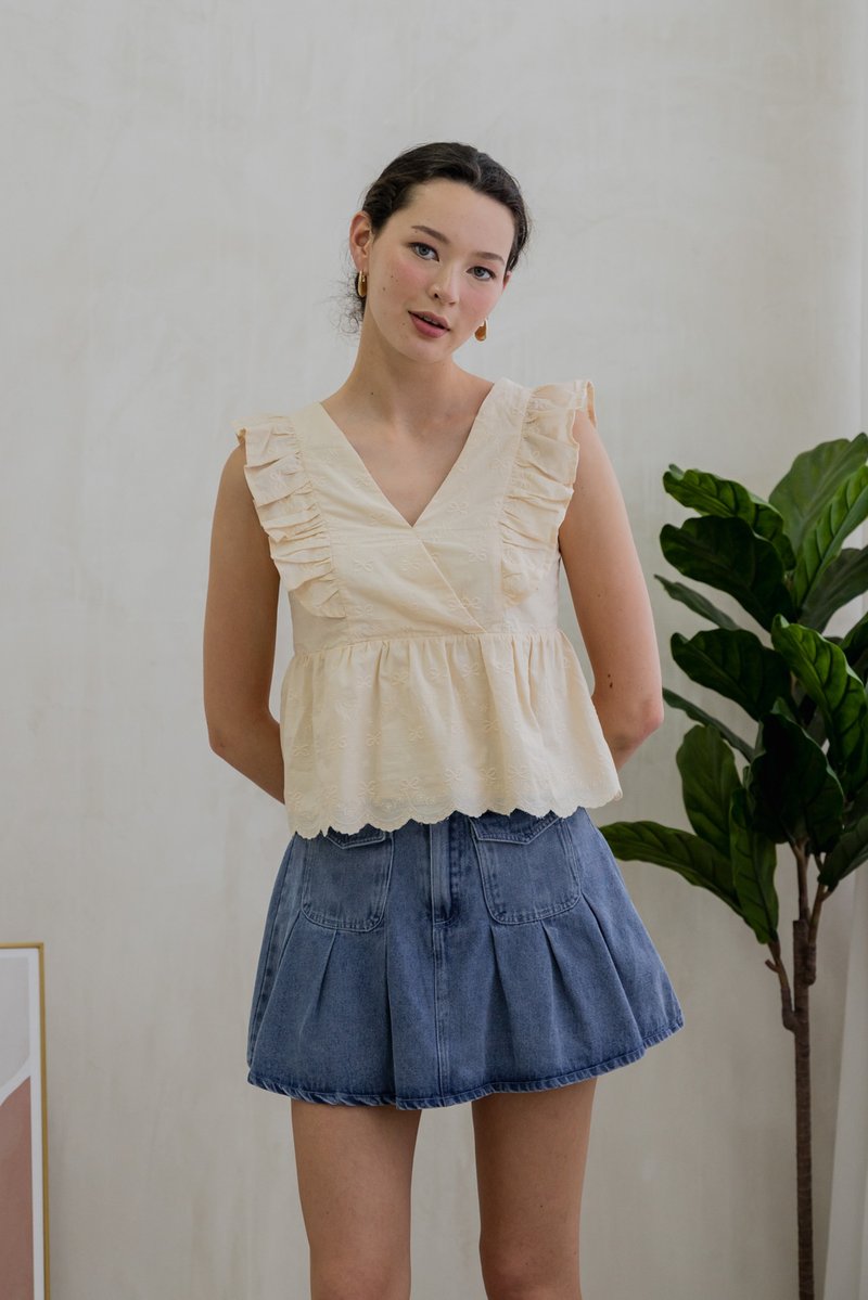 Avril Ribbon Embroidered Ruffle Top In Cream