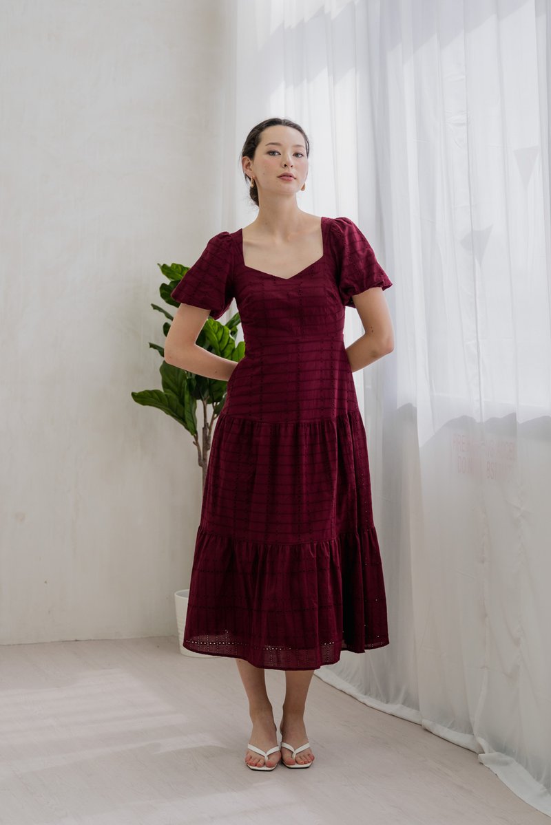 Esther Eyelet Puffed Sleeve Maxi Dress In Wine (XS)