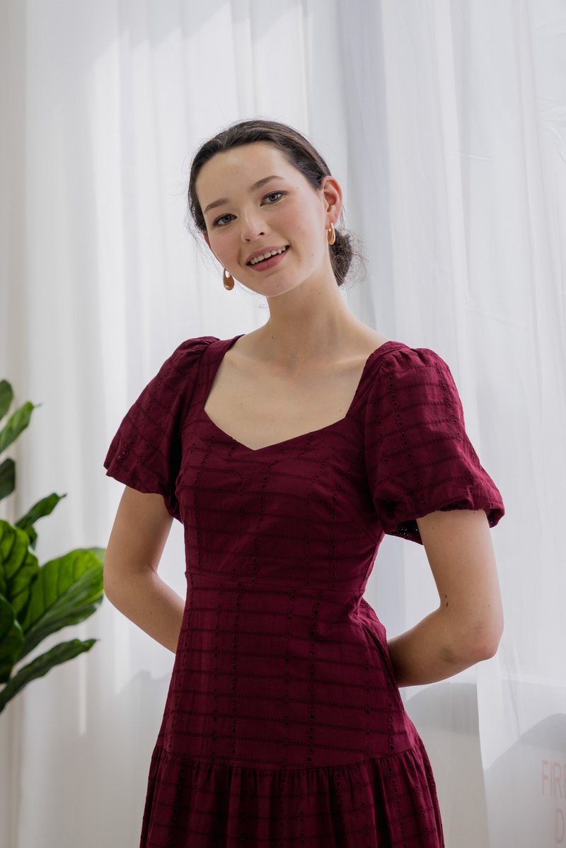 Esther Eyelet Puffed Sleeve Maxi Dress In Wine (XS)