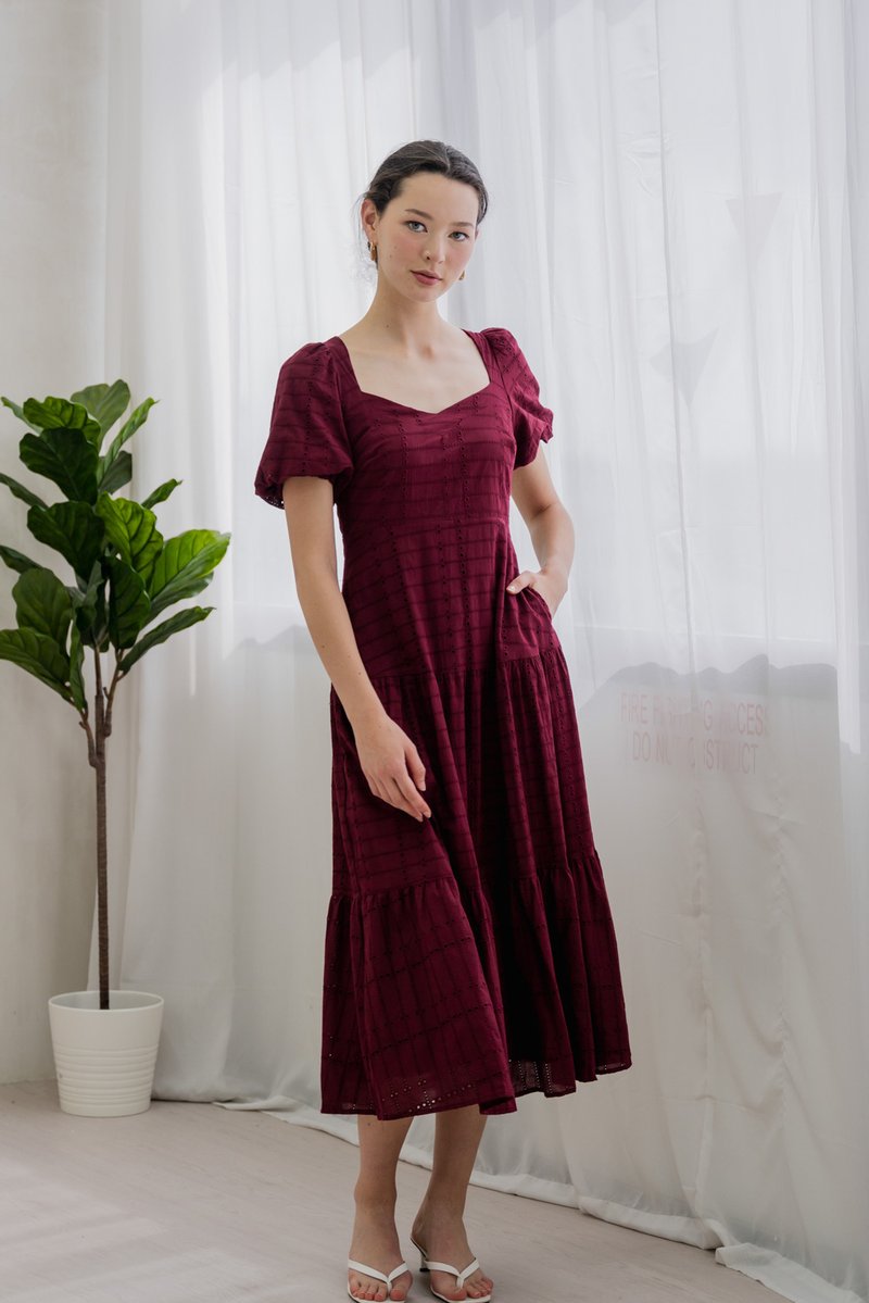 Esther Eyelet Puffed Sleeve Maxi Dress In Wine (XS)