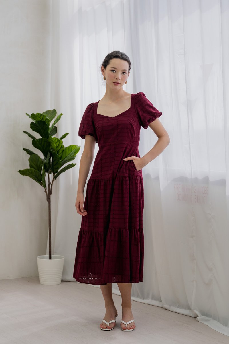 Esther Eyelet Puffed Sleeve Maxi Dress In Wine (XS)