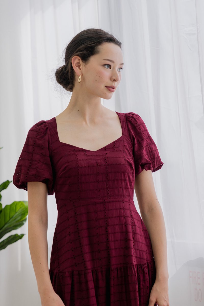 Esther Eyelet Puffed Sleeve Maxi Dress In Wine (XS)