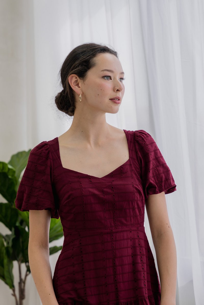 Esther Eyelet Puffed Sleeve Maxi Dress In Wine (XS)