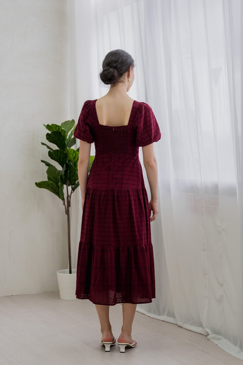 Esther Eyelet Puffed Sleeve Maxi Dress In Wine (XS)