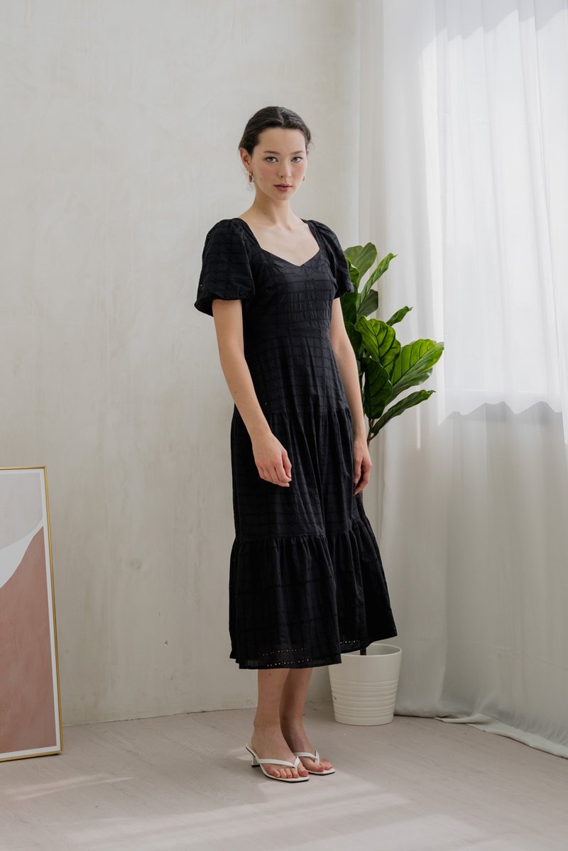 Esther Eyelet Puffed Sleeve Maxi Dress In Black