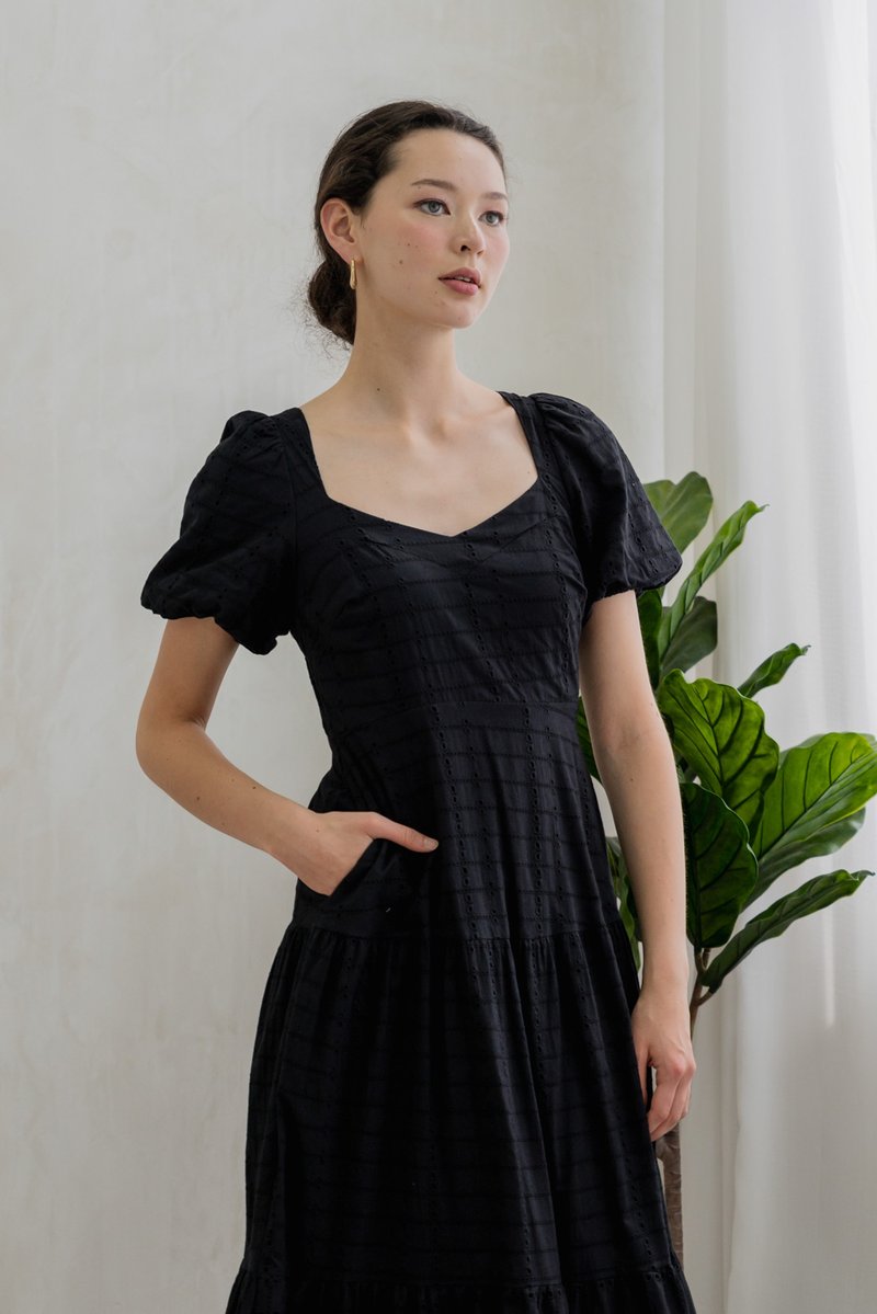 Esther Eyelet Puffed Sleeve Maxi Dress In Black