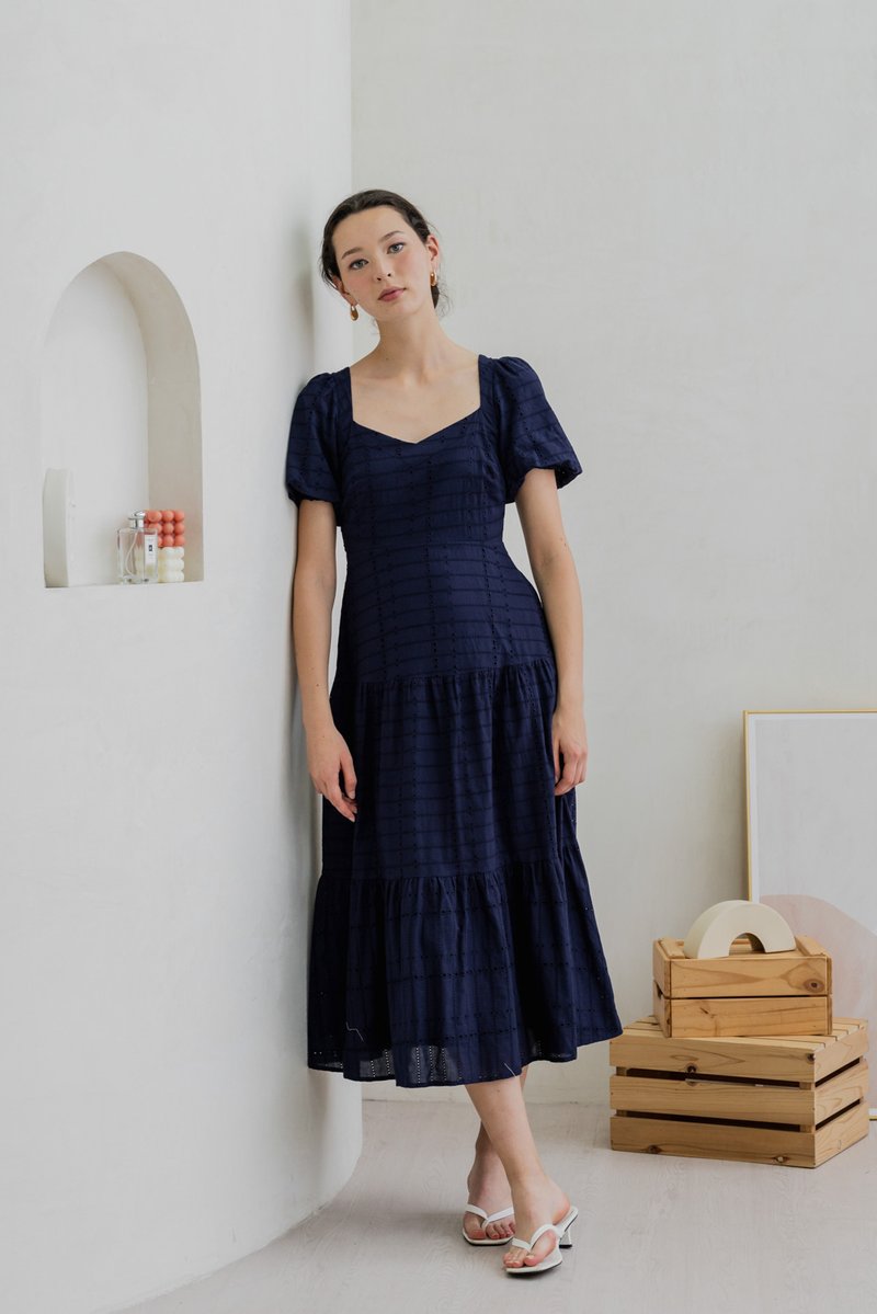 Esther Eyelet Puffed Sleeve Maxi Dress In Navy (XS)